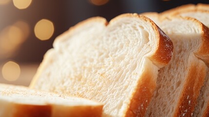 Close up of fluffy white bread slices, toasted edges, food background