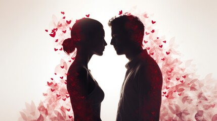 Silhouette of man and woman facing each other with red hearts floating around