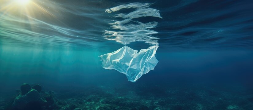 Underwater plastic pollution in the oceans includes a white plastic bag.
