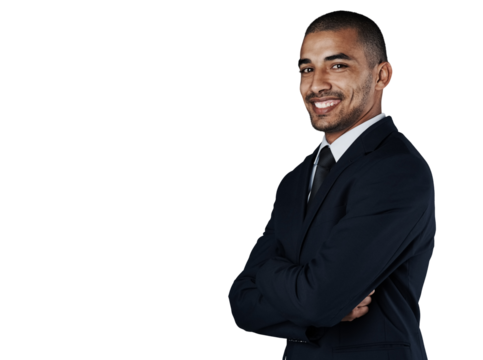 Businessman, portrait and smile with arms crossed for career isolated on png transparent background. Person, entrepreneur and face or happy with confidence, pride and success mindset for startup work