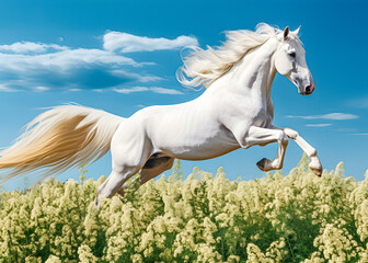 Obraz na płótnie Canvas Graceful Gallop: White Horse in a Lush Green Meadow