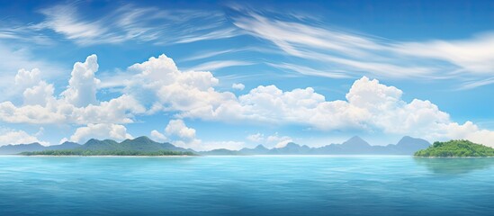 Tropical sea with islands on the horizon and fluffy clouds