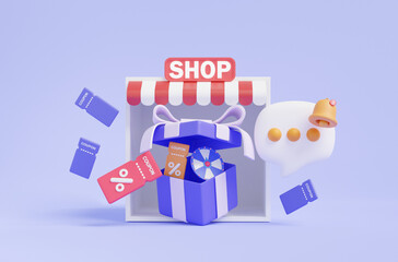 Shop store mockup kiosk giftbox fortune spin shopping cart buying discount, promotion, sale, customer, elements promotion marketing entertainment risk gamble event jackpot prize. 3d render