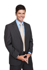 Businessman, happy and portrait with confident in professional style, consultant and corporate career. Smile, face and employee with suit for job pride and isolated on transparent png background