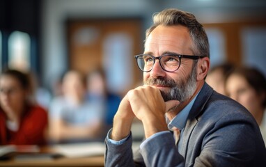 A thoughtful portrait of a teacher in a classroom, symbolizing dedication and guidance in the field of education
