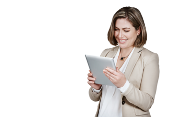 Businesswoman, tablet and reading with smile for communication, email or online result. Corporate, female analyst and happy with technology, internet and web on isolated or transparent png background
