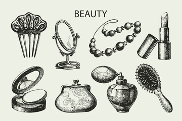 Beauty sketch icon set. Vintage hand drawn vector illustrations of cosmetics - obrazy, fototapety, plakaty