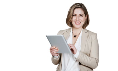 Portrait, tablet and smile with a business woman isolated on a transparent background for research. Technology, internet and social media with a happy young employee on PNG for email communication