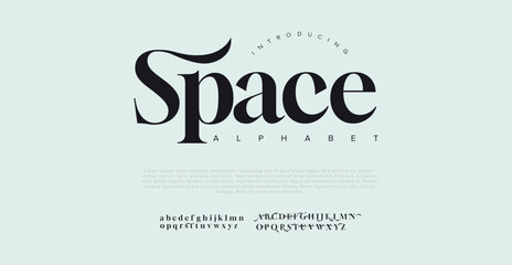 Space Elegant Font Uppercase Lowercase and Number. Classic Lettering Minimal Fashion Designs. Typography modern serif fonts regular decorative vintage concept. vector illustration - obrazy, fototapety, plakaty