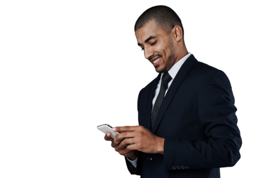 Cellphone, business communication or happy man typing corporate feedback, online research or search agency database. Network connection, mobile phone and agent isolated on transparent, png background