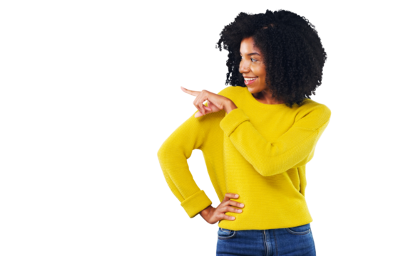 Happy woman, pointing and smile for information, announcement or alert with offer. Black person, curly hair and fashion with gesture, showing and decision on isolated or transparent png background
