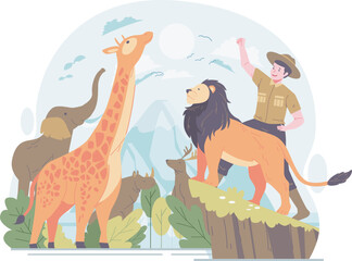 World Animal Day Illustration. A Male Zoo Keeper With Animals Celebrates World Animal Day. World Wildlife Day