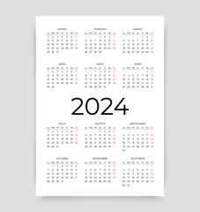 Spanish Calendar for 2024 year. Week starts Monday. Template pocket or wall Spain calender. Desk organizer with 12 month. Yearly grid of schedule. Portrait vertical orientation. Vector illustration