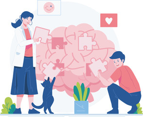 World Mental Health Day Concept Illustration. A Female Psychology Specialist Doctor and A Man Work Together To Connecting Jigsaw Piece Puzzle to a Huge Brain