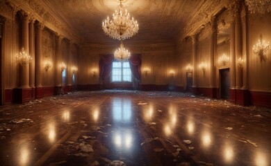 Obraz premium vintage ballroom palace interior of palace mansion castle. baroque gothic decor and design with floral embellishments and red drapery. chandelier candle lighting with flower petals.