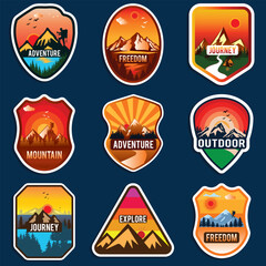 Mountain travel emblems and sticker set.  Camping outdoor, adventure emblems, badges and logo.  Hiking, mountains emblem badges design. Mountain logo and sticker design.