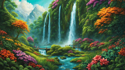 Vibrant wilderness. Bright colors of nature. Lush green foliage, colorful flowers and a cascading waterfall create a vibrant and vibrant depiction of the natural world. Generative AI, Generative, AI