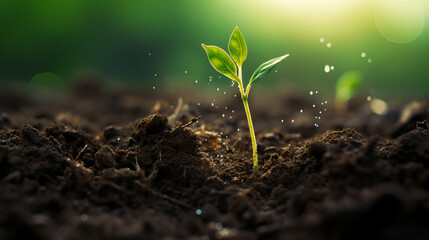 The seedling are growing from the soil blur background