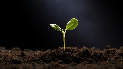 The seedling are growing from the soil dark black background