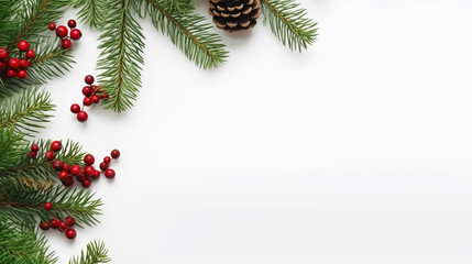Christmas composition flat lay with spruce branches red berries on white background