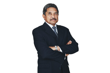 Portrait, mature business man and arms crossed isolated on a transparent png background. Face, serious professional entrepreneur or confident ceo, Indian executive advisor and pride of corporate boss