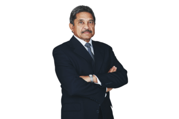 Portrait, mature business man and arms crossed isolated on a transparent png background. Face, serious professional entrepreneur or confident ceo, Indian executive advisor and pride of corporate boss