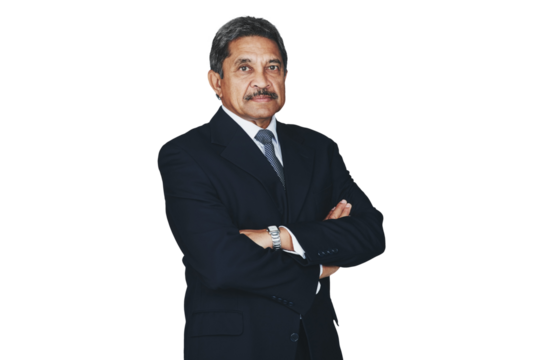 Portrait, mature business man and arms crossed isolated on a transparent png background. Face, serious professional entrepreneur or confident ceo, Indian executive advisor and pride of corporate boss