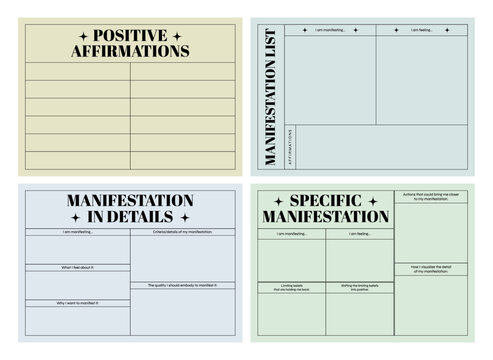 Set of printable vector manifestation, affirmation, and gratitude planner template for journaling