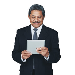 Mature, businessman and tablet or online communication, work email or technology learn as senior...
