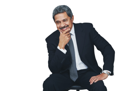 Mature, businessman and thinking smile for company idea, growth brainstorming for corporate manager. Male person, wondering on isolated transparent png background for decision, planning for future