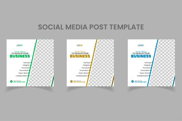 Minimal abstract shapes business social media post template set | Blue, Green and Yellow colors