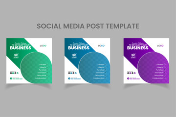 Modern Abstract shapes business social media post template set | Green, Blue and Purple gradients