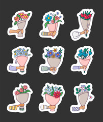 Hand holding floral bouquets. Sticker Bookmark. Gift for holiday celebration. Giving blossoms flowers. Spring blooming bunches compositions. Vector drawing. Collection of design elements.