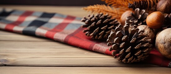 Fototapeta na wymiar Pine cone and acorns arranged on wooden napkin
