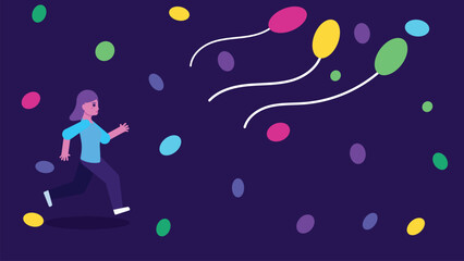 Woman running after balloons. Flat vector illustration. Celebrate anniversary, birthday, freedom, festival, carnival concept.