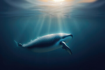 whale swimming in the ocean with the sun shining on it. Generative AI.wildlife concept. - obrazy, fototapety, plakaty