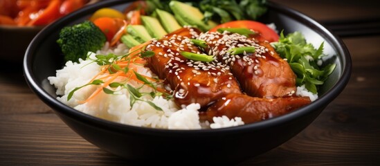 Teriyaki salmon bowl with rice and veggies. - Powered by Adobe