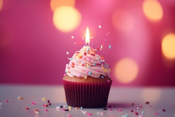 Close-up of birthday cupcake with one candle on pink background with flying confetti and bokeh