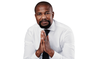 Thinking, portrait and black man or manager, face and planning for company future or growth. Male person, CEO mission and mindset or vision, confidence and isolated on transparent png background