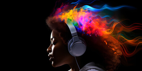 African woman wearing headphones, enjoying music, feeling emotions in vibrant colour disco vibes, colourful spotlight effects on black background