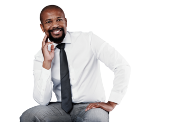 Portrait, business and happy black man, confident entrepreneur or worker isolated on a transparent png background. Face smile, professional consultant or African advisor, employee or agent in Nigeria