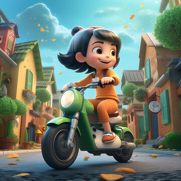 illustrate cute kids cartoon character  riding a bicycle in 3D design