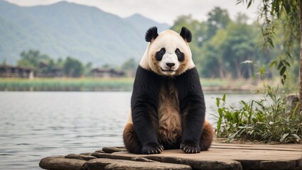 giant panda sitting near stream