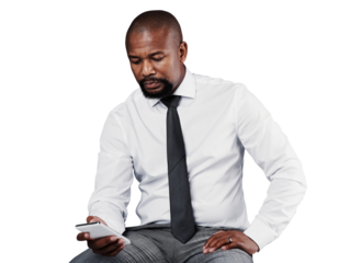Phone, business communication or black man typing, texting and reading news, corporate info or company email. App, cellphone or African CEO scroll social media isolated on transparent, png background
