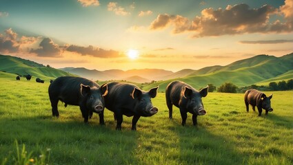 black pigs grazing