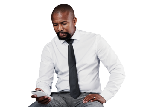 Phone, business communication or black man typing, texting and reading news, corporate info or company email. App, cellphone or African CEO scroll social media isolated on transparent, png background - Powered by Adobe