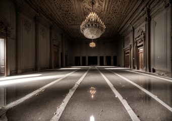 vintage ballroom palace interior of palace mansion castle. baroque gothic decor and design with floral embellishments and red drapery. chandelier candle lighting with flower petals.