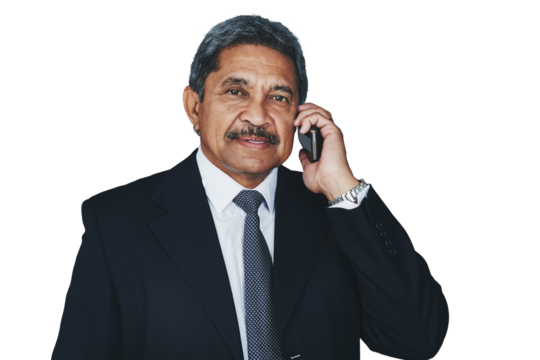 Mature, businessman and phone call as portrait or company communication, corporate decision or isolated transparent png background. Male person, face and digital device or talk work, career as future