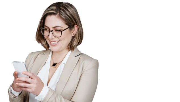 Happy woman, smartphone and typing for internet, research or social media for information. Glasses, corporate person or analyst with technology for feedback on isolated or transparent png background