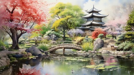 Obraz premium watercolor painting of Japanese garden with pond bridge and traditional temple